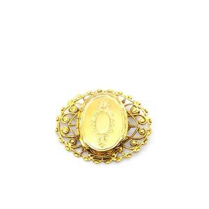 Elegant Engraved Locket Brooch, Gold Tone Vintage Filigree Lapel Pin with Oval